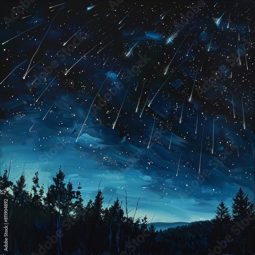 Starry sky with meteors over serene landscape photo