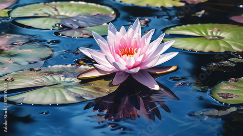 a pink water lily sits in a pond with lily pads in the background