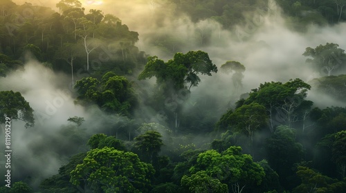  A dense fog rolling over a tranquil forest, shrouding the trees in an ethereal mist, with the faint glow of sunrise breaking through the canopy above.  © Rabbiya