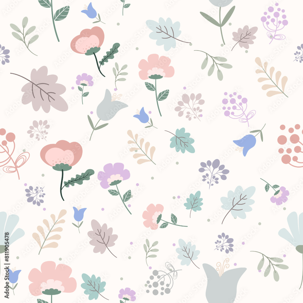 Seamless Pattern Elements Flower. Flat Design Vector Spring Pattern. Modern design with different flowers, leaves and twigs on a light background. Seamless Pattern Elements Flower. Flat Design Vector Spring Pattern. Modern design with different flowers, leaves and twigs on a light background.
