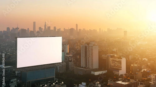 White billboard against an expansive city backdrop at sunrise  perfect for high-quality advertising projects.