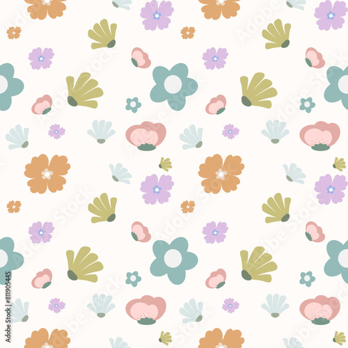 Seamless Pattern Elements Flower. Flat Design Vector Spring Pattern. Modern design with different flowers, leaves and twigs on a light background.