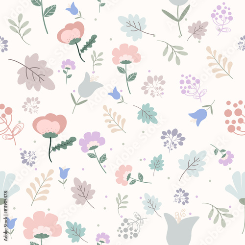 Seamless Pattern Elements Flower. Flat Design Vector Spring Pattern. Modern design with different flowers, leaves and twigs on a light background.