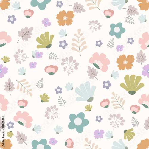 Wallpaper Mural Seamless Pattern Elements Flower. Flat Design Vector Spring Pattern. Modern design with different flowers, leaves and twigs on a light background. Torontodigital.ca