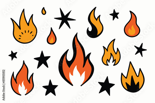 Set of hand drawn y2k style flame elements, star, fire frame. Trendy grunge scrawl icon for stickers. Freehand pencil drawing vector