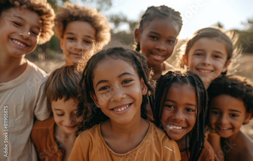 multiethnic children of different races  girls and boys ages five to seven years old lying on their backs in an open field smiling at the camera 