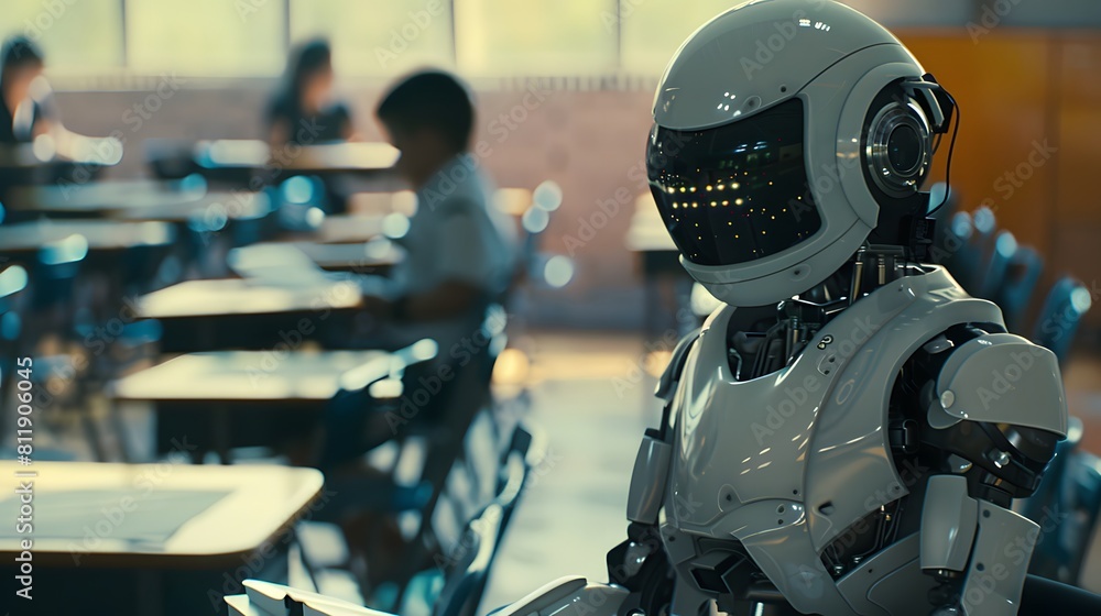 A robot from the future sits in a classroom with other students. A robot from the future sits in a classroom with other students.