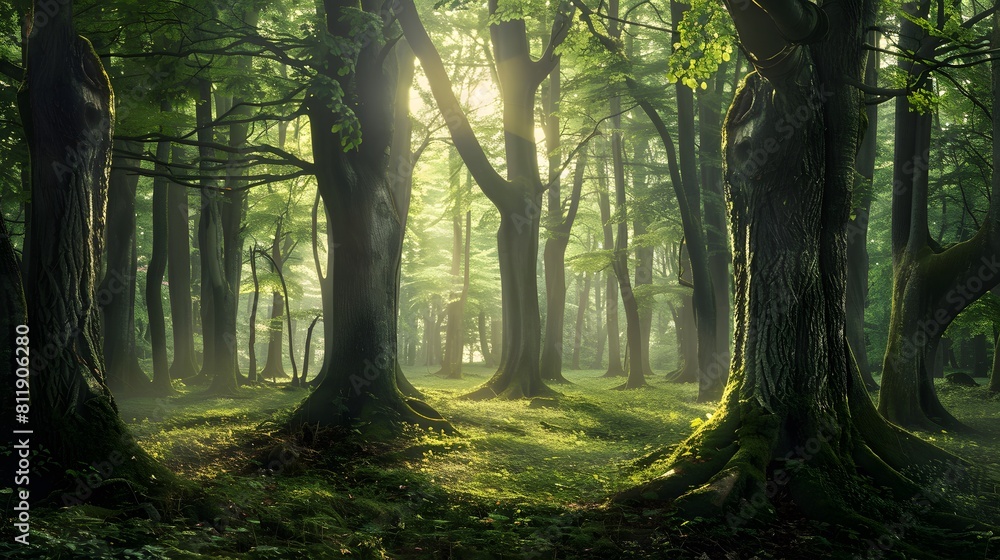Fototapeta premium Forest Morning: Sunlight Through Trees