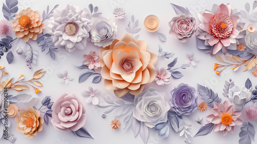3d render  horizontal floral pattern. Abstract cut paper flowers isolated on white  botanical background. Rose  daisy  dahlia  butterfly  leaves in pastel colors. Modern decorative handmade design --a