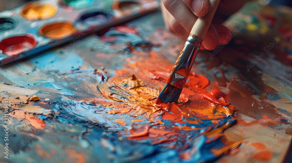 Obraz premium Artist's colorful paints and brushes on a palette ready for creating art