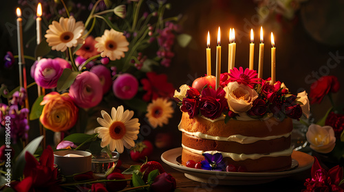 A festive cake with lit candles and colorful flowers on a table. Ideal for birthday celebrations and special occasions --ar 16:9 