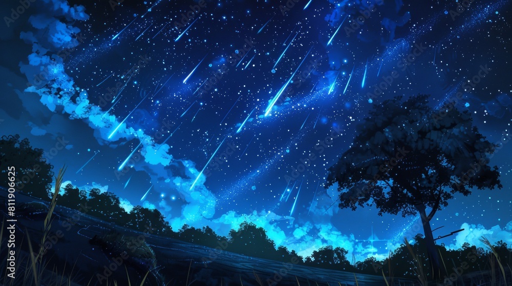 Starry sky with meteors over serene landscape Starry sky with meteors over serene landscape