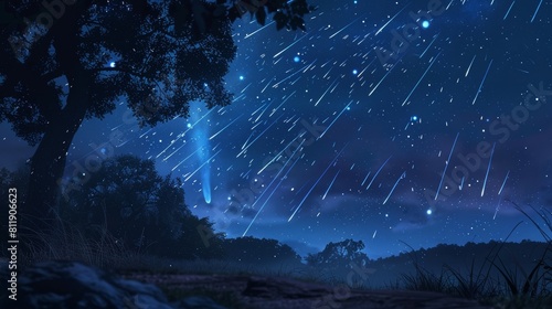 Starry sky with meteors over serene landscape photo