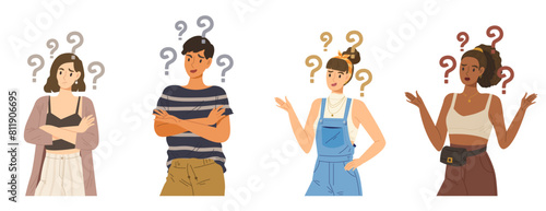 Set of young people acting a curious gesture with question mark over head. Concept of wondering, doubt person, thoughtful character, emotional expression. Flat vector illustration. Confused portrait.