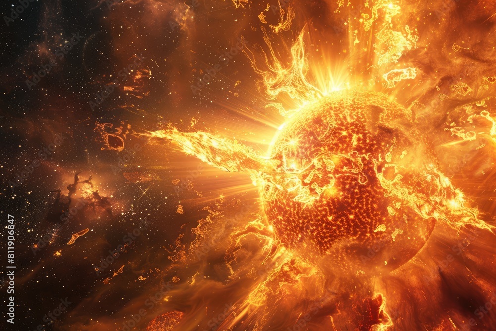 Obraz premium Solar flare on the Sun, causes magnetic storms on Earth