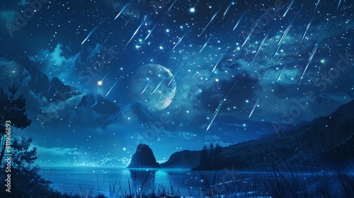 Starry sky with meteors over serene landscape photo