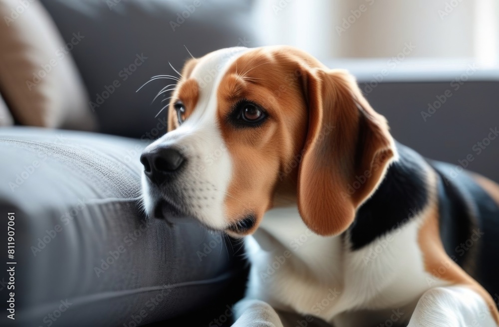 Cute Beagle dog resting on the floor at home Cute Beagle dog resting on the floor at home