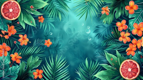 Summer background with green tropical plants and flowers. Copy space for text.