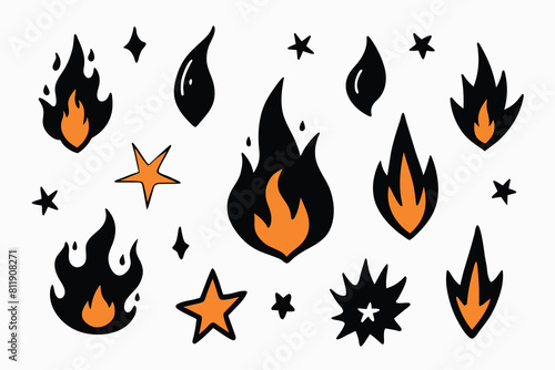 Set of hand drawn y2k style flame elements  star  fire frame. Trendy grunge scrawl icon for stickers. Freehand pencil drawing vector