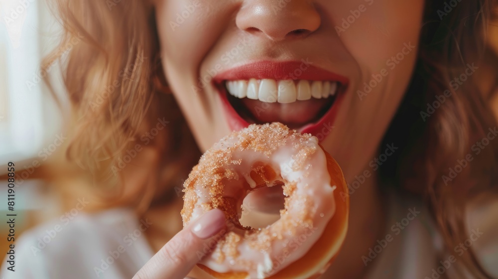A woman sneakily indulging in a doughnut during her diet with the camera capturing a close up of her mouth A woman sneakily indulging in a doughnut during her diet with the camera capturing a close up of her mouth