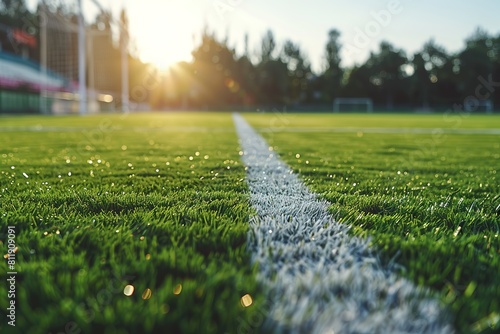 Golden sunlight bathes a lush soccer field, with white line markings. © Larisa