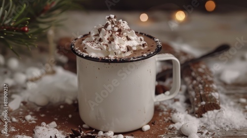 Homemade hot chocolate in a white enamel mug