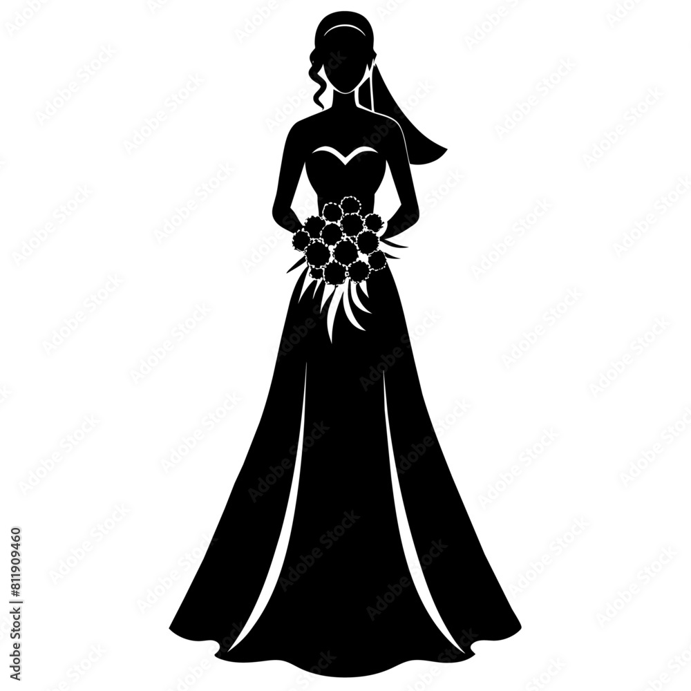 Fototapeta premium beautiful Bride with long dress silhouette vector black silhouette, white background