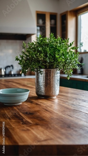 Organic Elegance  Wood Tabletop Adorned with Green Plants on Blurred Kitchen Counter