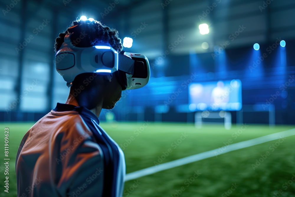 Person with VR headset at a soccer field at night. Person with VR headset at a soccer field at night.