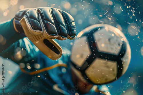 Close-up of a goalkeeper's gloved hands deflecting a soccer ball.