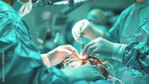 Team of surgeons deeply engaged in a neurosurgical procedure, with dynamic lighting that highlights the intensity and focus of the operation. The movements of the surgeons' hands and the tools photo