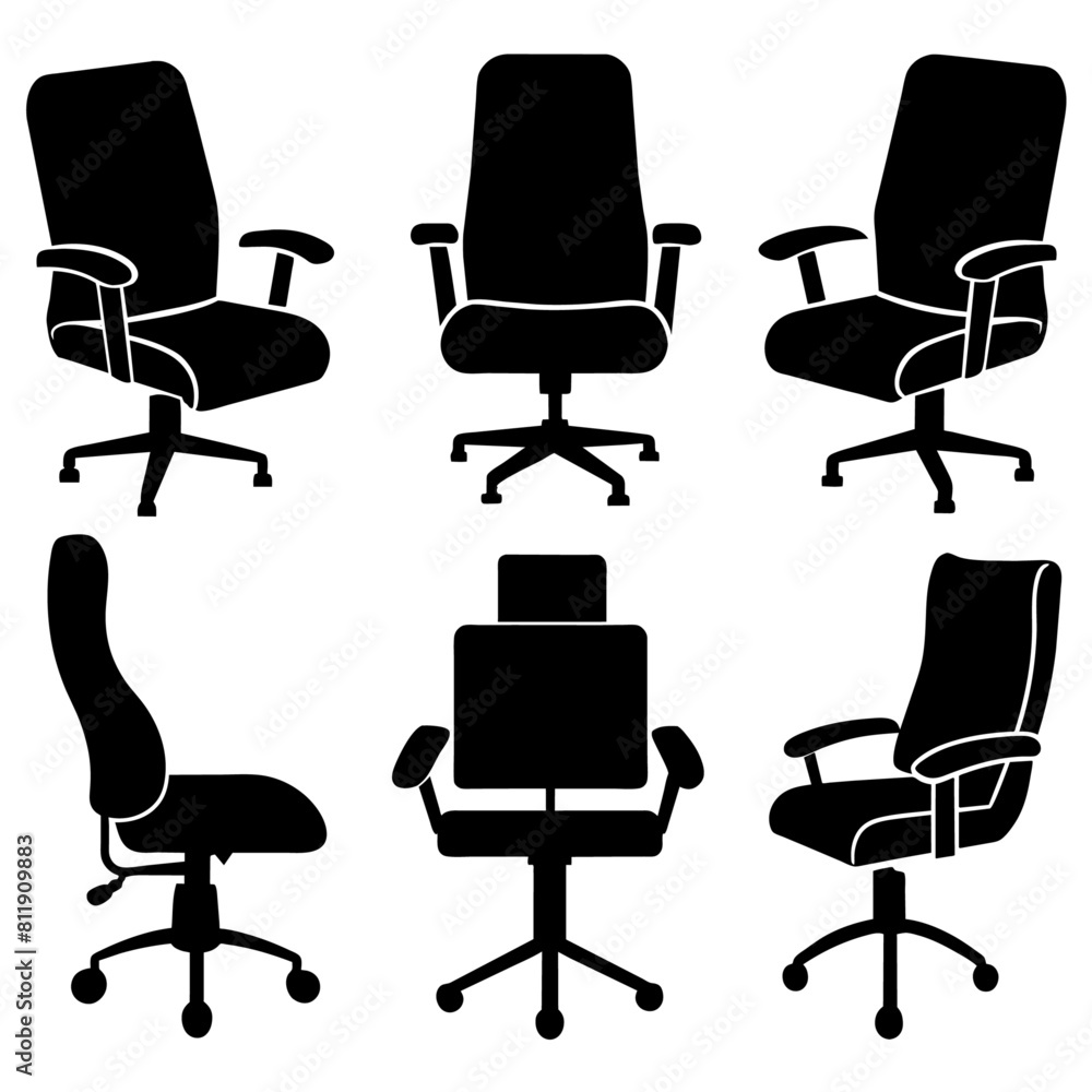 Office chair set silhouette, black color silhouette, white background Office chair set silhouette, black color silhouette, white background