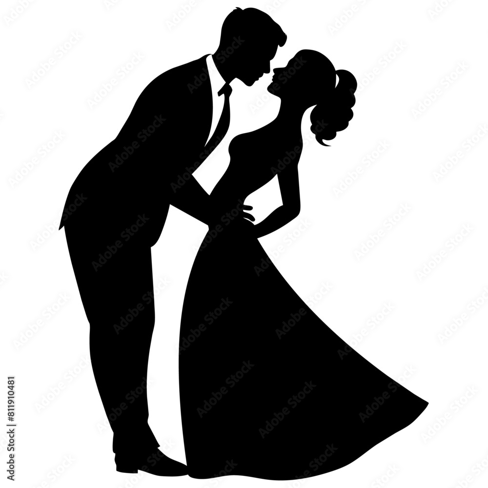 vector silhouette of a groom kissing the bride's forehead in a romantic dance position moment vector silhouette of a groom kissing the bride's forehead in a romantic dance position moment
