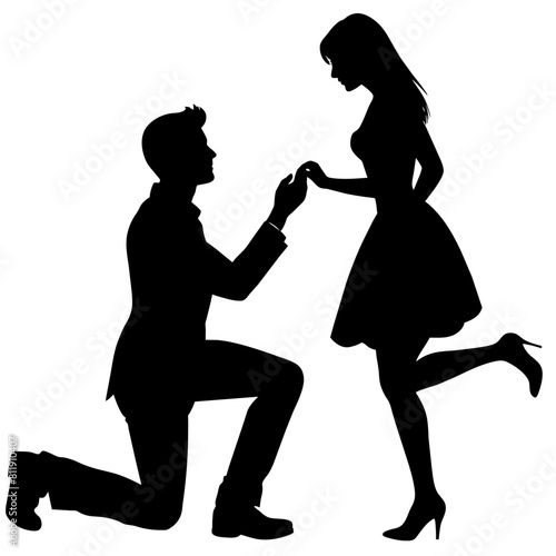 The boyfriend is proposing to his girlfriend by breaking his knee vector silhouette