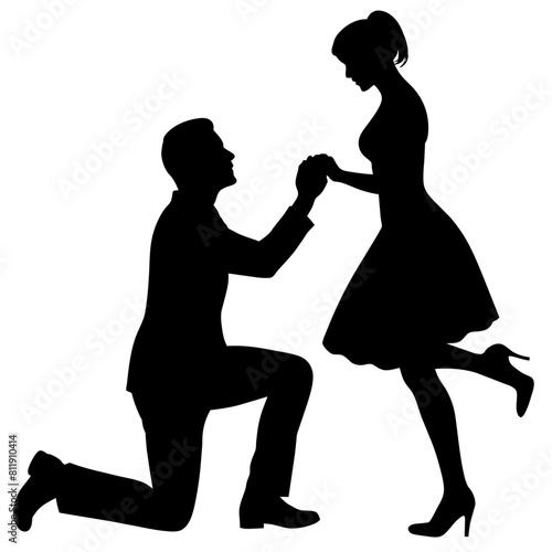 The boyfriend is proposing to his girlfriend by breaking his knee vector silhouette