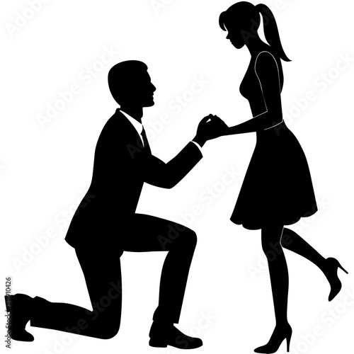 The boyfriend is proposing to his girlfriend by breaking his knee vector silhouette