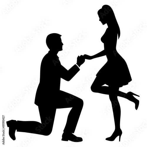 The boyfriend is proposing to his girlfriend by breaking his knee vector silhouette