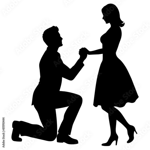 The boyfriend is proposing to his girlfriend by breaking his knee vector silhouette