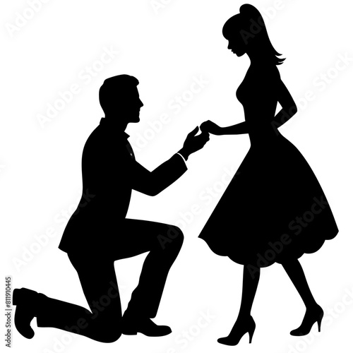 The boyfriend is proposing to his girlfriend by breaking his knee vector silhouette