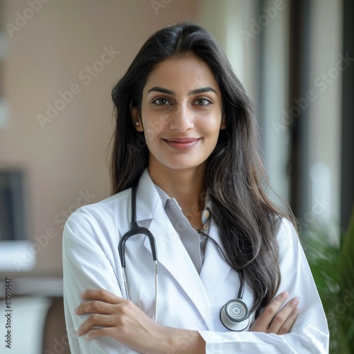 Medical concept of Indian beautiful female doctor in white coat with stethoscope, waist up. Medical student. Woman hospital worker looking at camera and smiling