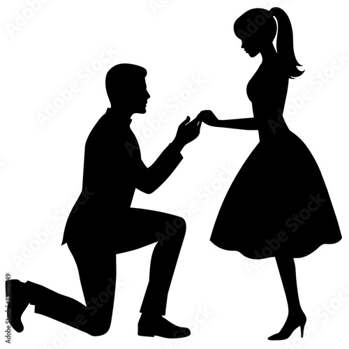 The boyfriend is proposing to his girlfriend by breaking his knee vector silhouette