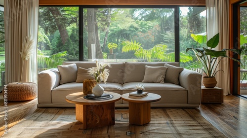 A living room filled with furniture  including a vinyl sofa and recycled wood coffee table  with a large window providing ample natural light