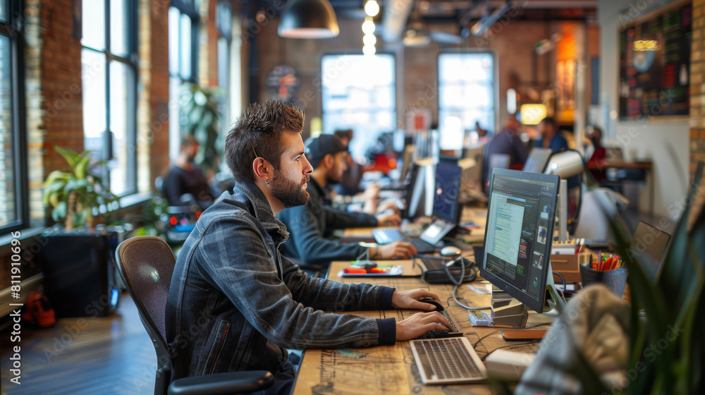 A young male professional focuses intensely at his workstation in a busy modern office setting.