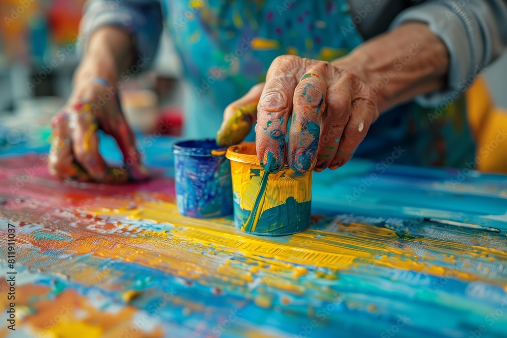 Senior hands immersed in paint, showcasing art therapy's role in elderly care. Vibrant colors on canvas depict engagement and life enrichment, AI Generated. Senior hands immersed in paint, showcasing art therapy's role in elderly care. Vibrant colors on canvas depict engagement and life enrichment, AI Generated.