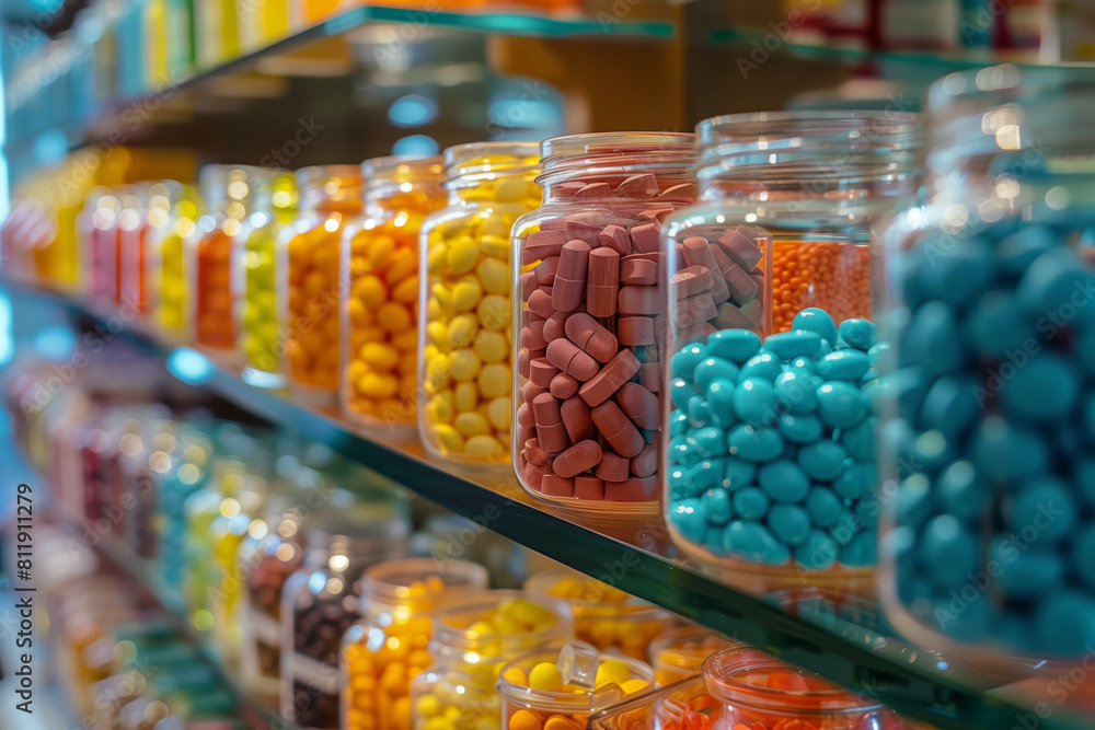 Jars filled with colorful vitamin pills displayed on glass shelves in a bright health food store. AI Generated.
