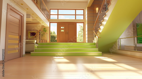 Bright entrance with a lime green staircase large wooden front door and wide light hardwood floors reaching to a high ceiling Fresh lively design