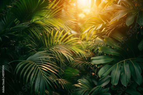 Sunlight peeks through the dense jungle, casting a glow on the vibrant green palm fronds. AI Generated