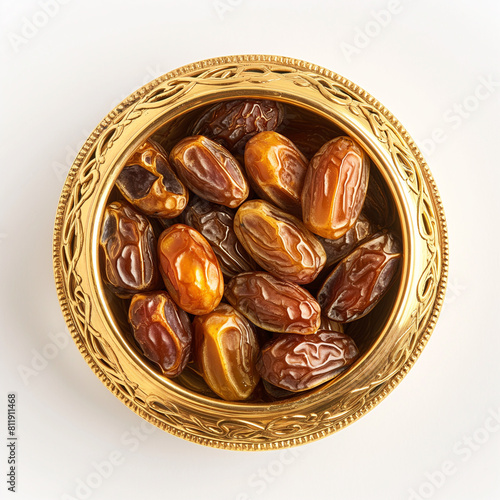 front view of arabic clay bowl of dates for Ramadan, rose gold theme, 60 degree angle camera white isolated background