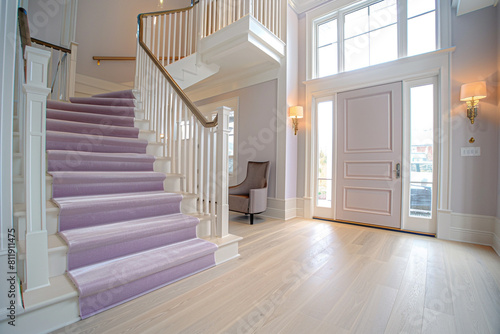 Chic entryway with a lavender staircase expansive front door and light hardwood flooring leading to a high ceiling Soft romantic feel