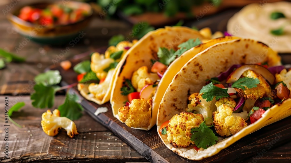 Roasted coconut cauliflower tacos. Healthy, vegan meal. Close up, side view on a wooden background Roasted coconut cauliflower tacos. Healthy, vegan meal. Close up, side view on a wooden background